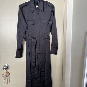 MANGO Jana Long Sleeve Textured Satin Midi Shirtdress